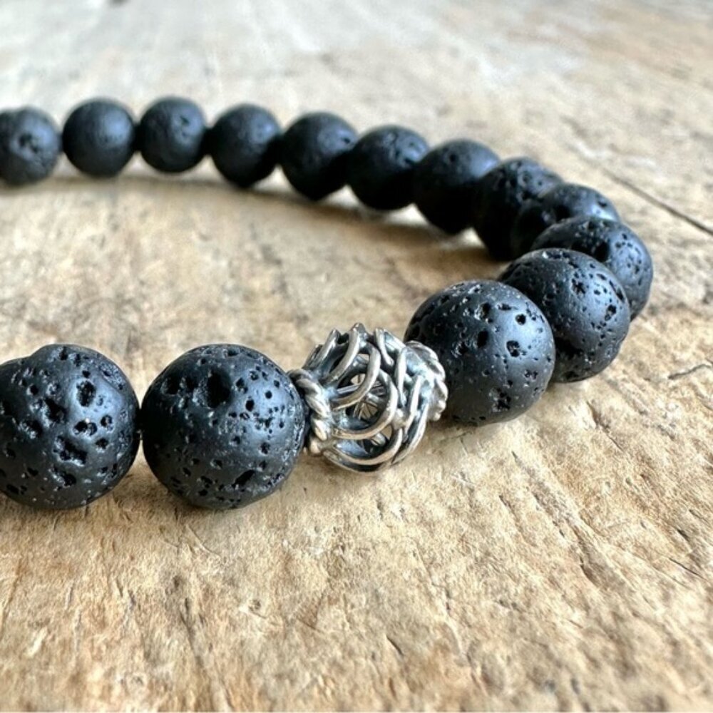 Black Lava Stone Stretch Bracelet Sterling Silver Accent Bead Unisex - 8mm Beads